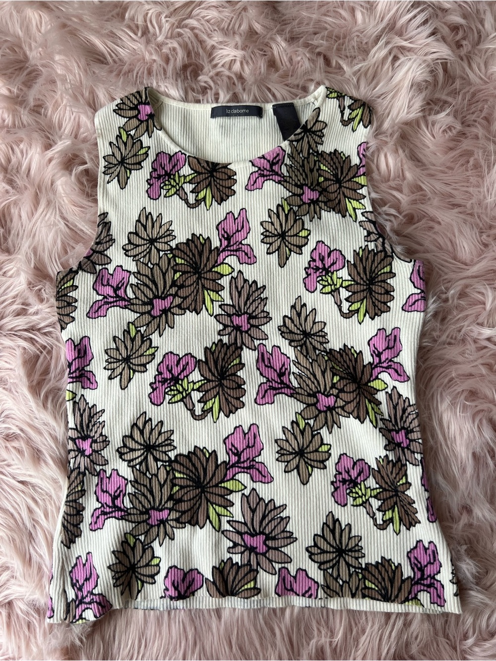 Liz Claiborne Cream Tank Top with Pink & Brown Floral Print 100% Cotton
